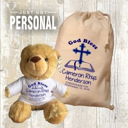 Personalised Baptism/Christening Memento Teddy Bear With Matching Gift Bag - Blue Bible Design